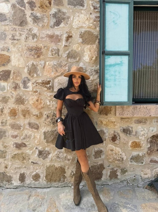 Black Puff-Sleeve Mini Dress — Cutout Detail