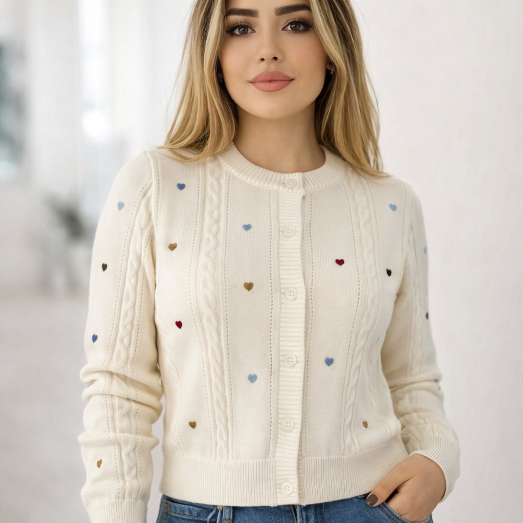Heart Embroidered Cable Knit Cardigan