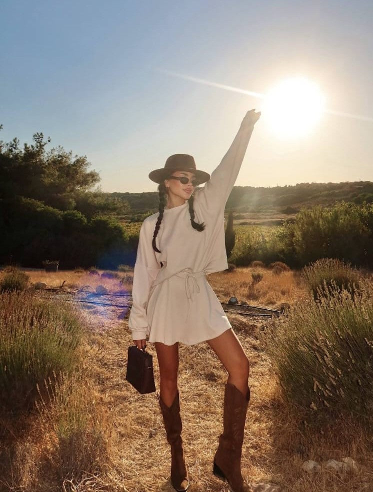 Beige Two-Piece Skort Set — Long-Sleeve Top & Mini Bottom (Set)