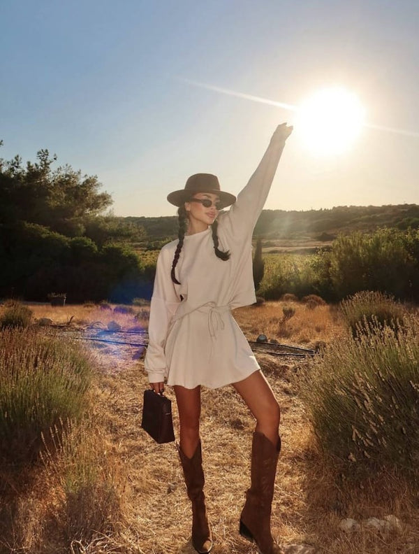 Beige Two-Piece Skort Set — Long-Sleeve Top & Mini Bottom (Set)