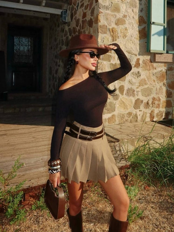 Beige Pleated Mini Skirt — Double Belt Detail