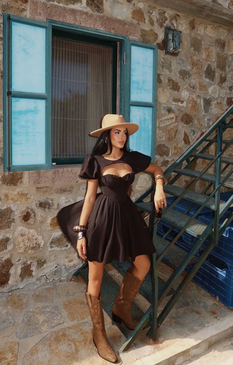 Black Puff-Sleeve Mini Dress — Cutout Detail