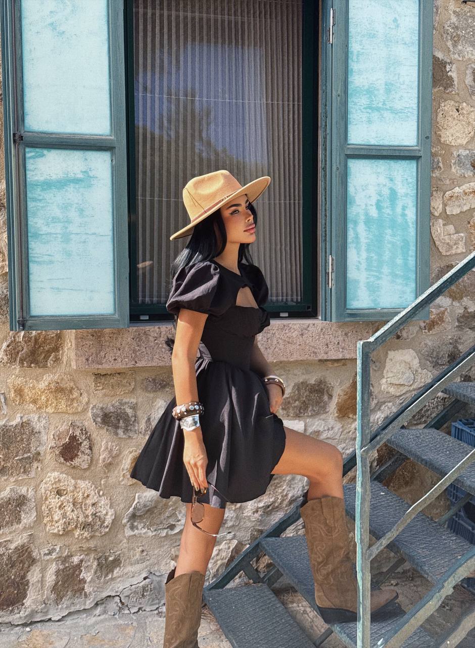 Black Puff-Sleeve Mini Dress — Cutout Detail