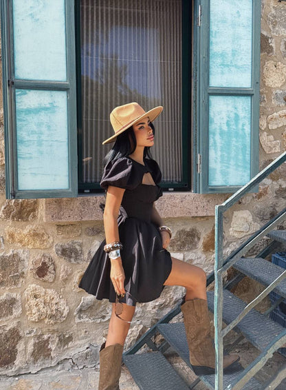 Black Puff-Sleeve Mini Dress — Cutout Detail