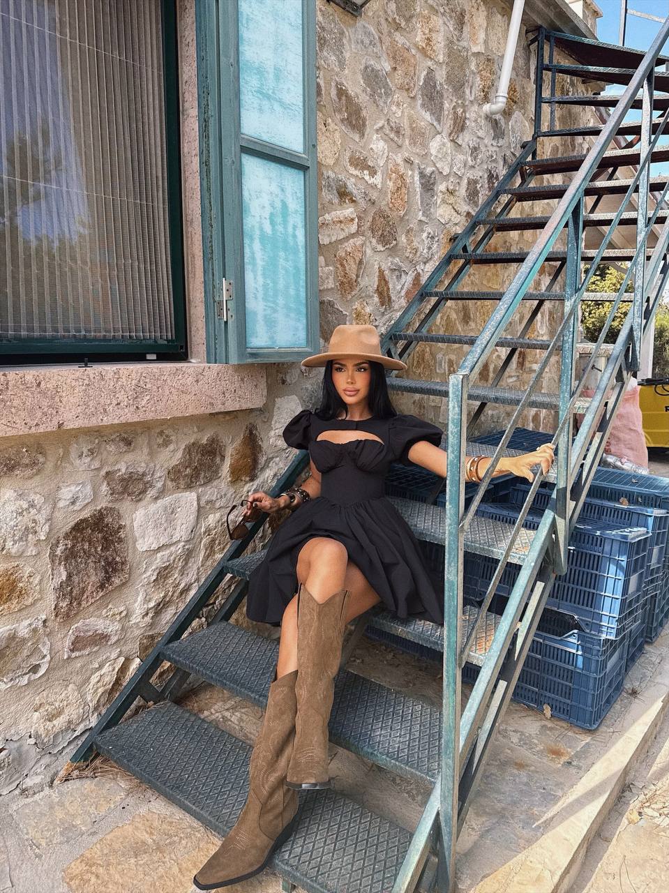 Black Puff-Sleeve Mini Dress — Cutout Detail