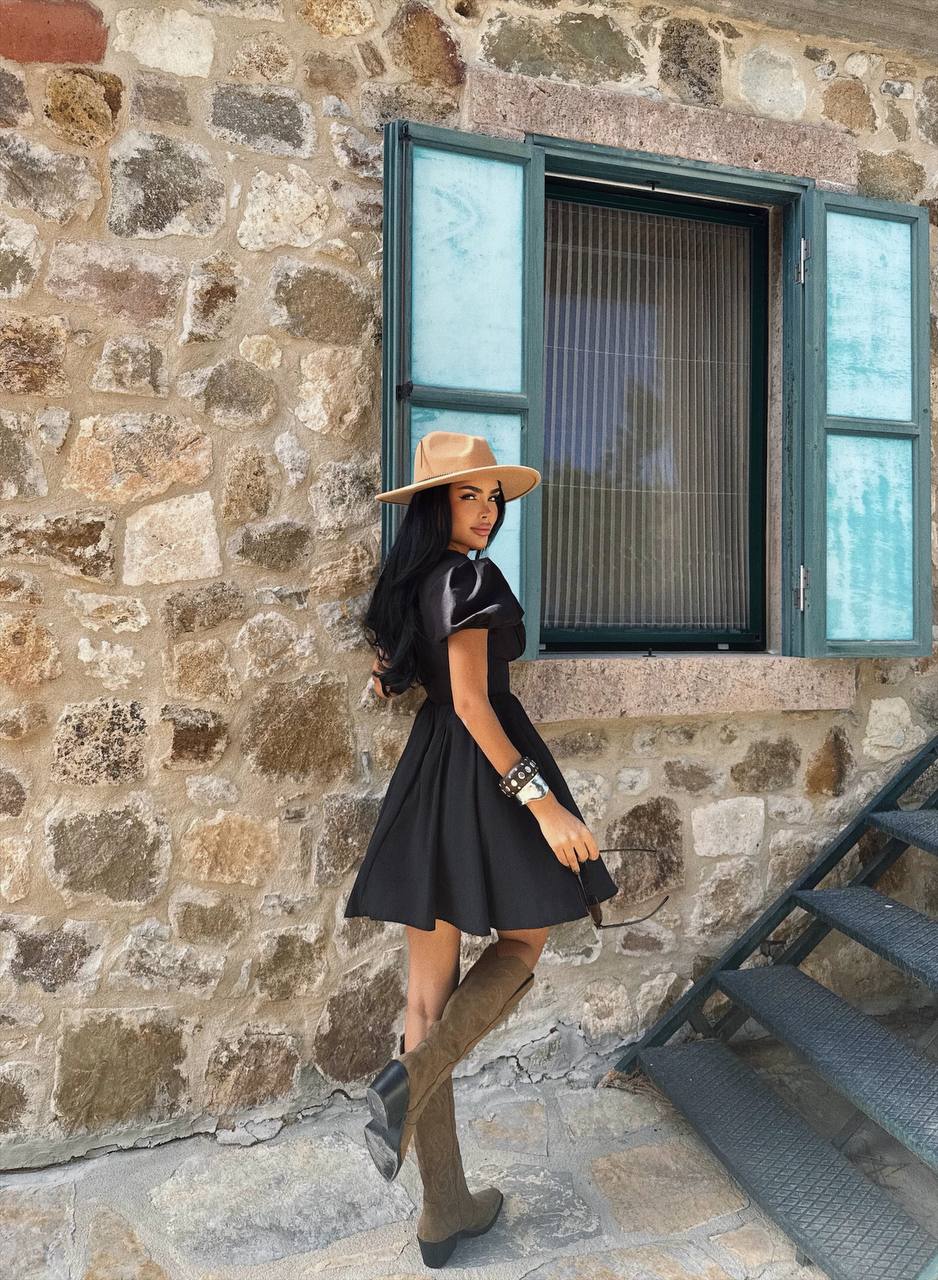 Black Puff-Sleeve Mini Dress — Cutout Detail