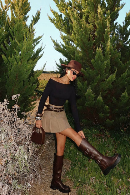 Beige Pleated Mini Skirt — Double Belt Detail