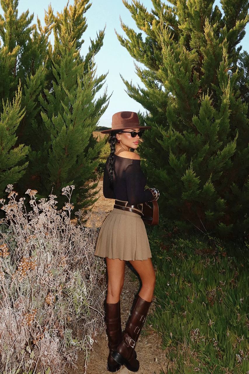 Beige Pleated Mini Skirt — Double Belt Detail