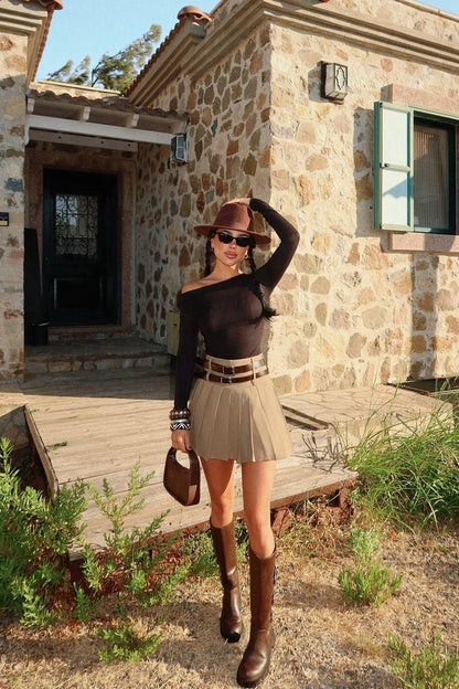 Beige Pleated Mini Skirt — Double Belt Detail