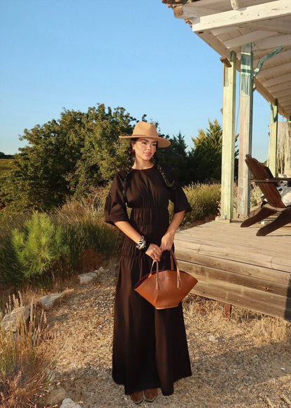 Black Gathered Waist Maxi Dress