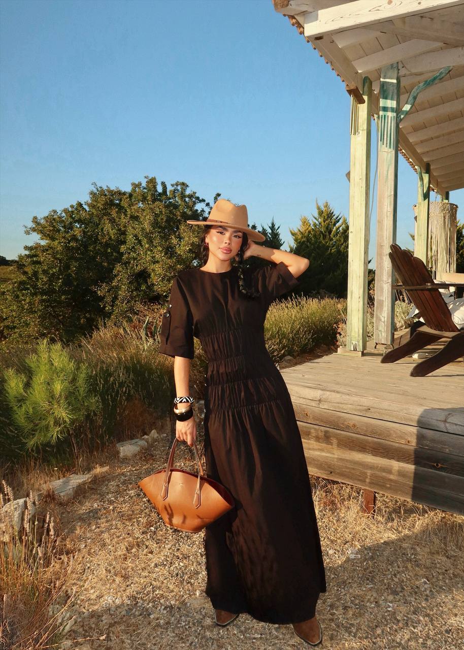 Black Gathered Waist Maxi Dress