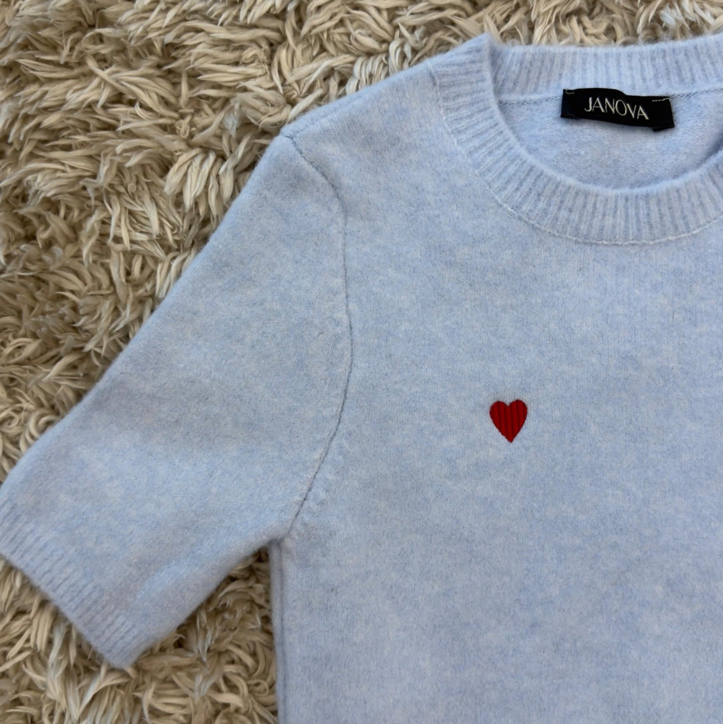 Blue Short-Sleeve Sweater with Heart Embroidery