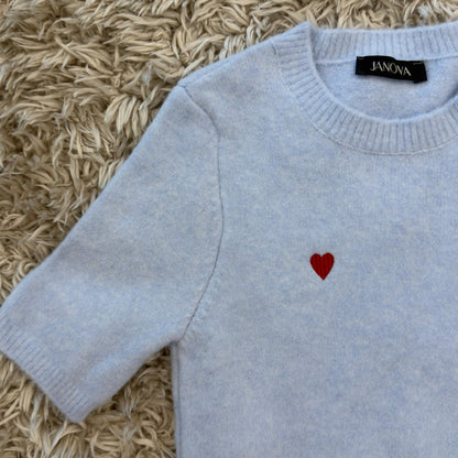 Blue Short-Sleeve Sweater with Heart Embroidery