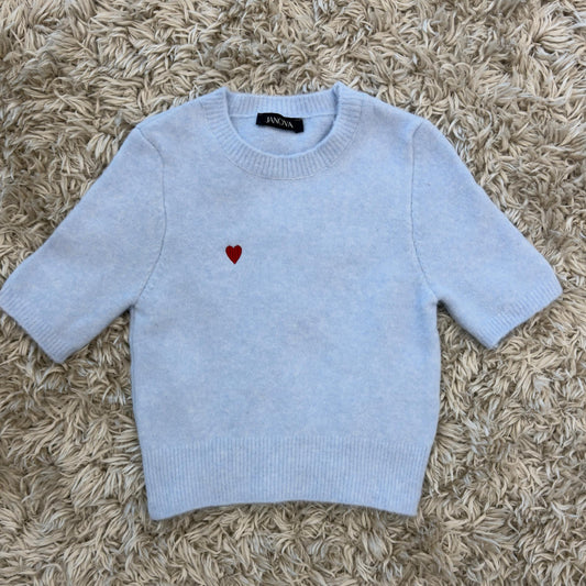 Blue Short-Sleeve Sweater with Heart Embroidery