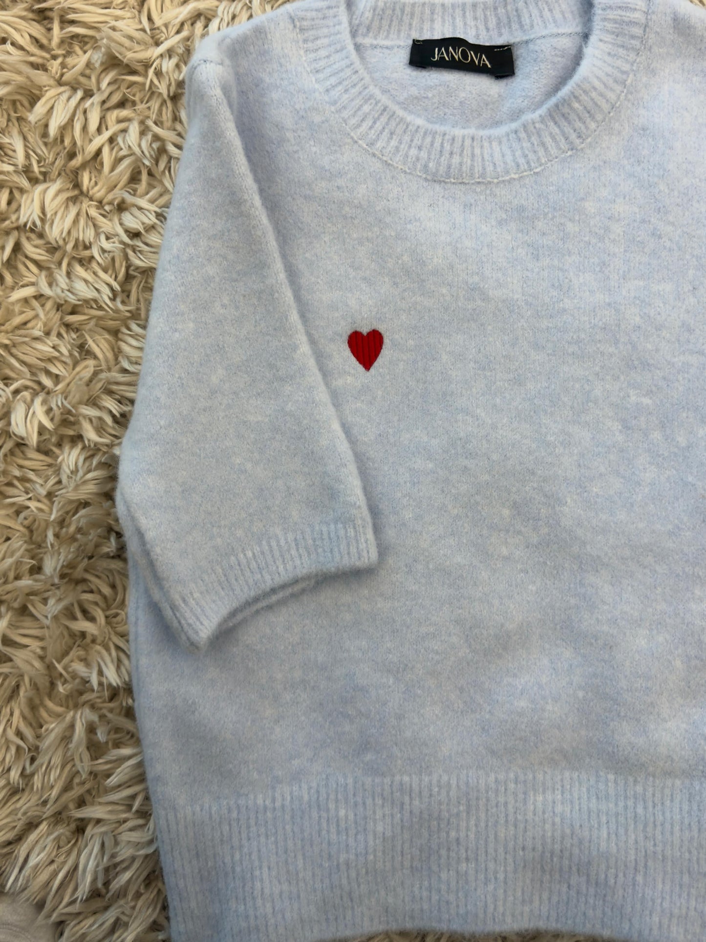 Blue Short-Sleeve Sweater with Heart Embroidery
