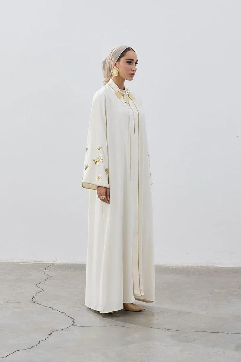 Ivory & Gold Embellished Open Abaya
