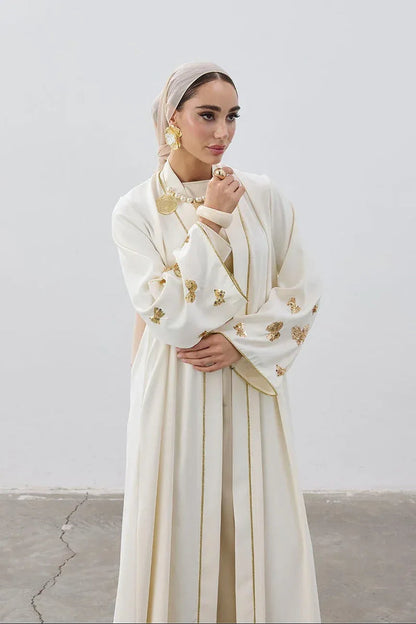 Ivory & Gold Embellished Open Abaya