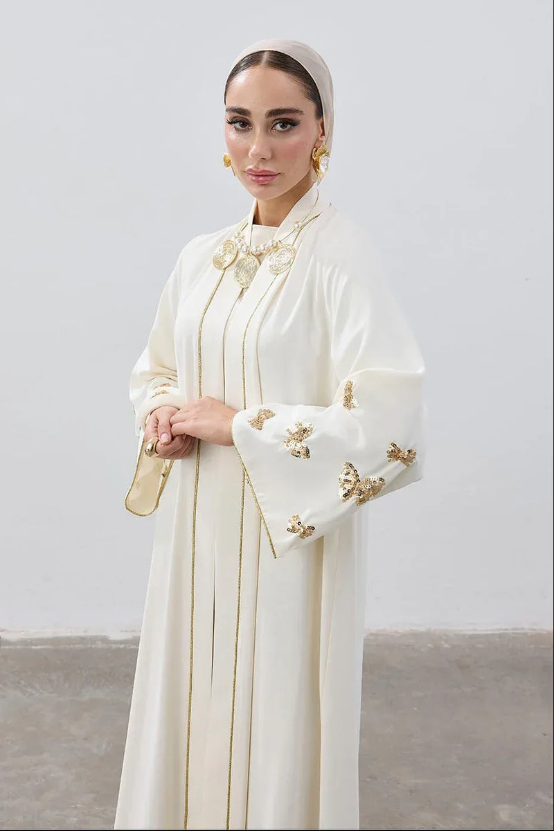 Ivory & Gold Embellished Open Abaya