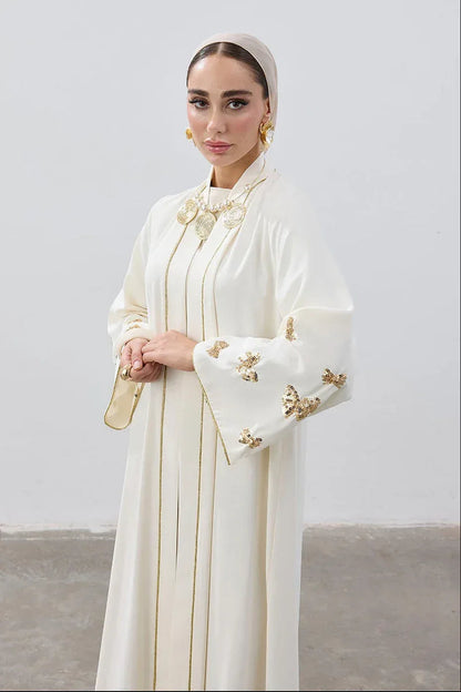 Ivory & Gold Embellished Open Abaya