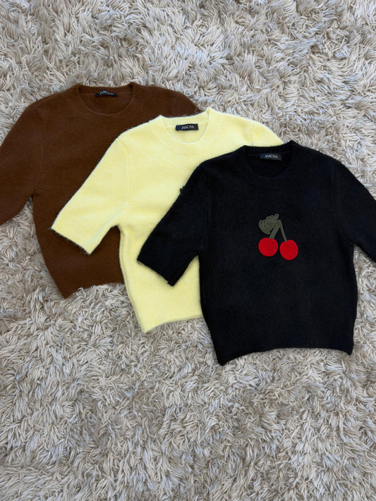 JANOVA Cherry Short Sleeve Knit Sweater - 3 Colors