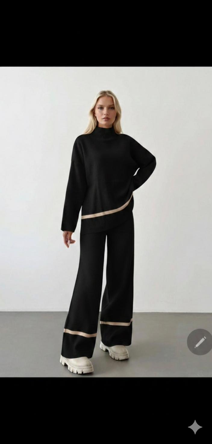 Knit Lounge Set – Two-Piece Mock Neck Sweater & Wide-Leg Trousers