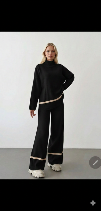 Knit Lounge Set – Two-Piece Mock Neck Sweater & Wide-Leg Trousers