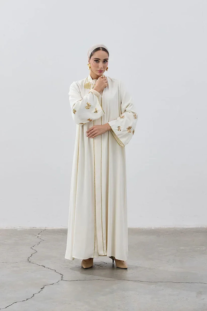 Ivory & Gold Embellished Open Abaya