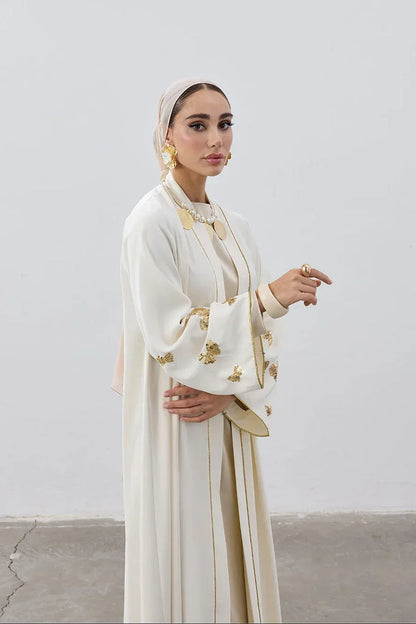 Ivory & Gold Embellished Open Abaya