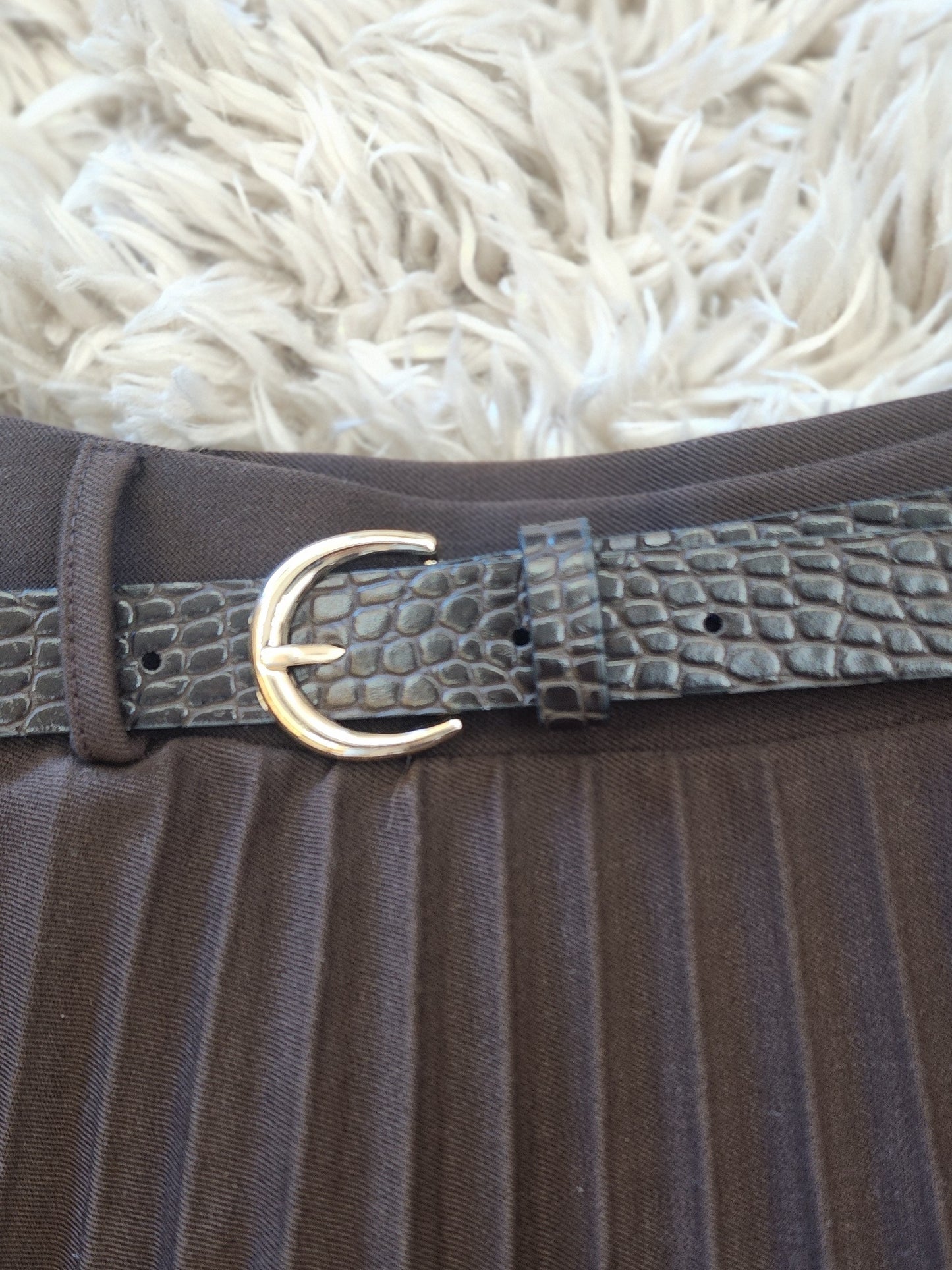 Pleated Mini Skirt with Croc-Effect Belt