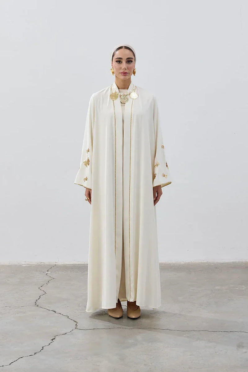 Ivory & Gold Embellished Open Abaya