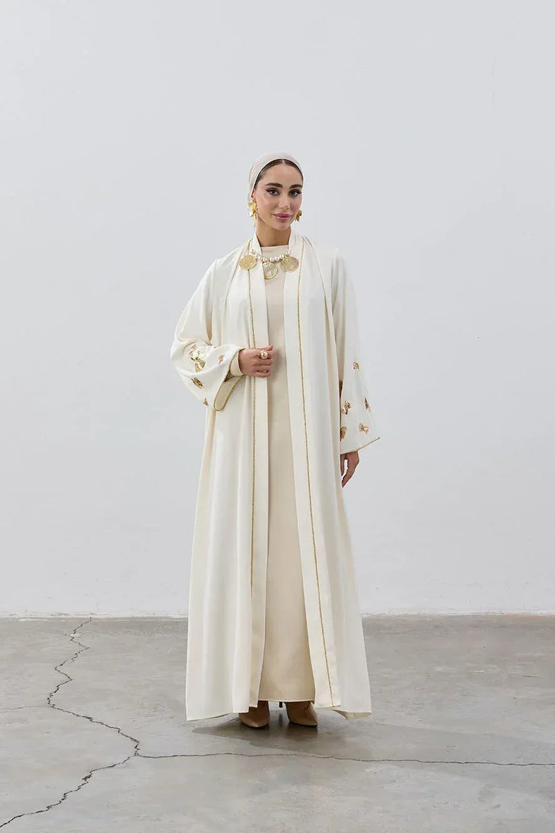 Ivory & Gold Embellished Open Abaya