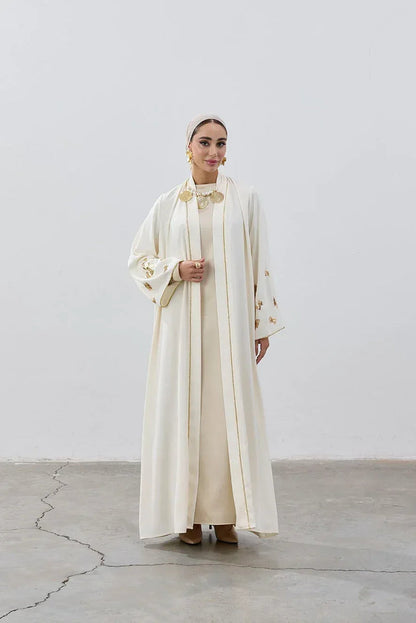 Ivory & Gold Embellished Open Abaya
