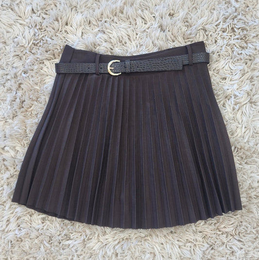 Pleated Mini Skirt with Croc-Effect Belt
